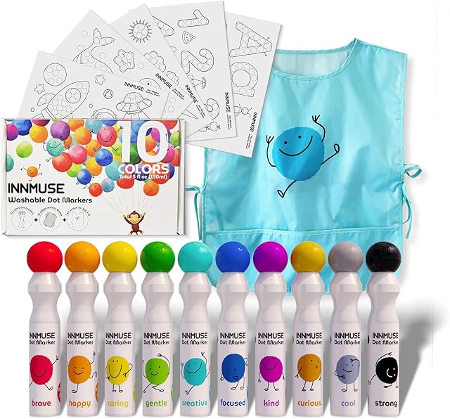 The Washable Dot Markers for Kids, 10 Colors Dot Paints, Included Smock, Printed and PDF Activity Sheets, Arts and Crafts for Kids 3-5, Bingo Daubers, Preschool Learning Activities