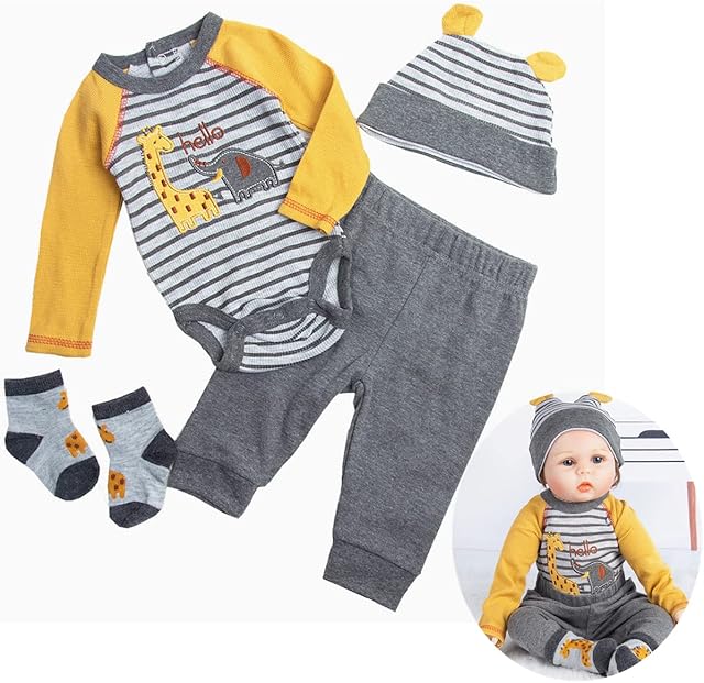 The Reborn Baby Dolls Clothes 24 Inch Boy for 22-24 inch Reborn Dolls Clothes Accesories Outfits Yellow Stripe 4 Pcs Set