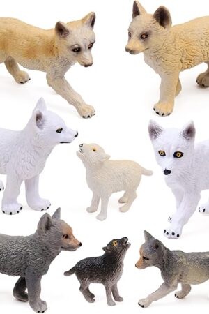 The RESTCLOUD 8Pcs Wolf Cub Toy Figure Set Baby Wolves Animals Figurines