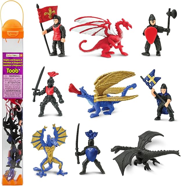 The Safari Ltd. Knights & Dragons TOOB - 9 Mini Figurines with Knights, Drake, Tiamat, Wyvern, and Peluda Dragon - Toy Figures for Boys, Girls & Kids Ages 3+
