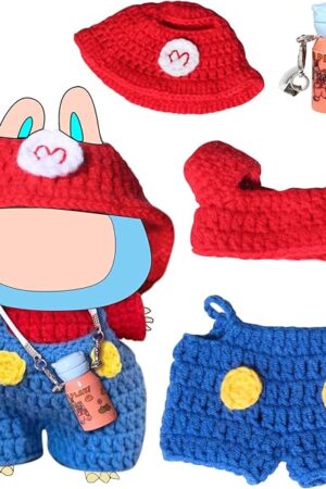 The Pure Handmade 2025 New Doll Outfit for 17cm Doll Lubb, Red Plumber Adventure Costume Set with Sun Bucket Hat, Blue Sling-Back Pants & Kettle Accessory, 4 Pieces Fits 6.7 Inch Dolls