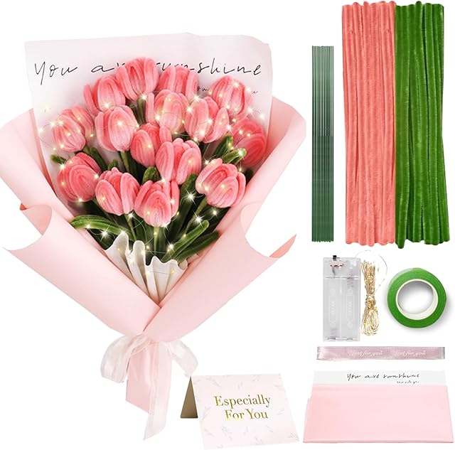 The 200Pcs Pipe Cleaners Craft with String Light, DIY Flower Bouquet Kit Chenille Stems Flower with Step-by-Step Video Tutorials for Mom, Women, Friend, Wedding Birthday Christmas Thank You Gifts