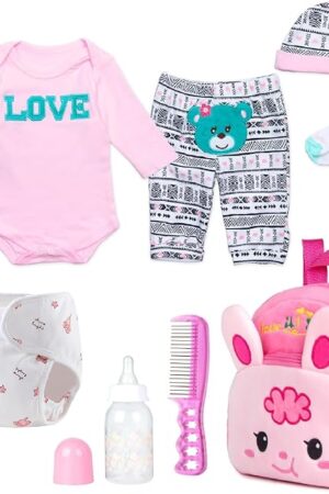 The Reborn Baby Girl Doll Clothes Pink Outfits Accesories 8 Pcs Set with Backpack&Diaper for 17-22 Inch Reborn Doll Newborn Girl