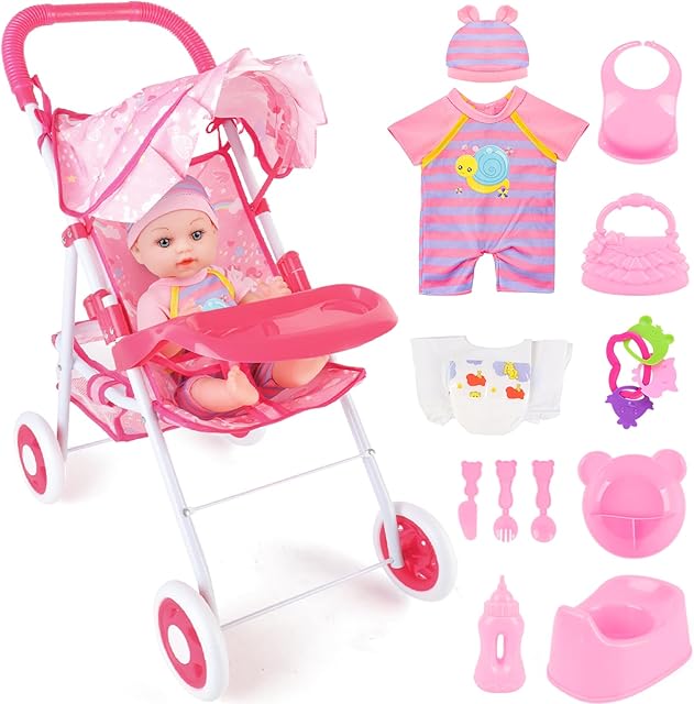 The deAO Baby Doll Stroller 12" Baby Doll Set with Foldable Doll Stroller 15 PCS Baby Doll Accessories for Toddlers 3-5 Christmas Birthday Gifts