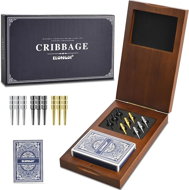 The Foldable Wooden Cribbage Board Game Set, Portable Travel 3 Track Cribbage Board with Magnetic Closure,9 Metal Pegs,A Deck of Cards - Family Board Games for Kids and Adults