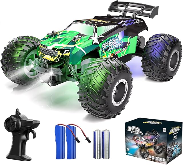 The Remote Control Car RC Cars All Terrain Monster Truck, Outdoor 2WD Off Road Hobby RC Truck with 2 Rechargeable Batteries and Colorful Light, 20Km/h Fast RC Car Toys Gift for Kids Boys