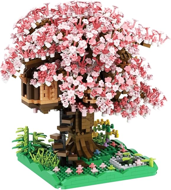 The Pink Cherry Blossom Bonsai Tree Building Blocks Set,(1443 Pieces) Flower Treehouse Model Mini Building Block Toys,Tree House Model Toys Gifts for Kid and Adult