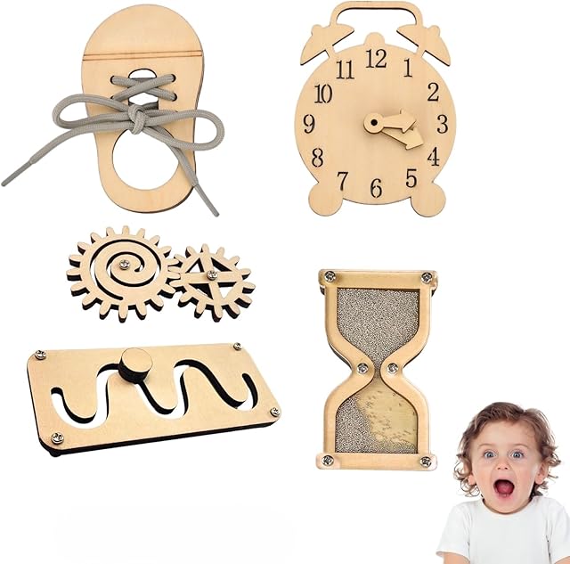 The 5 pieces Busy Board Diy Parts - DIY Materials for Parents - Sensory Board Accessories -Wooden Activity Parts -Maze-Learning Clock- Gear-Sand Clock-Learn to Tie Shoe Laces- Montessori Educational Items