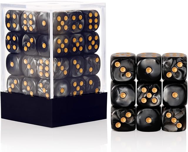 The 36 Pieces 12mm 6 Sided Mini Dice Set,Pearl Pattern D6 Game Dice Set,6 Sided Standard Game Dice for Board Games Dice Games Classroom Teaching Dices Game, with Portable Gaming Box(Black)