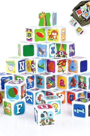 The PLAY ABC Building Blocks for Toddlers 1-3, 28 PCS Plastic Baby Alphabet Letters Number Stacking Blocks Set, Preschool Learning Educational Montessori Sensory Toys Gifts for Kids Girls Boys