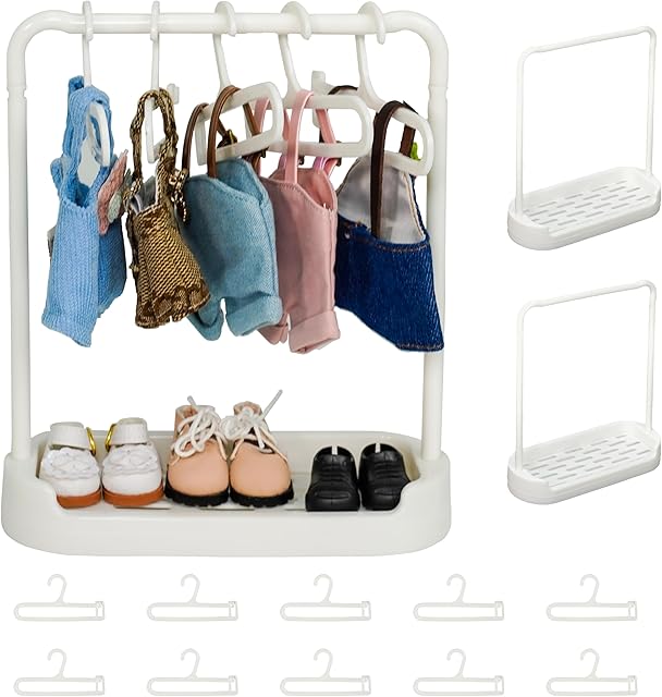 The Doll Clothes Hanger & Rack Set - 2 Stands + 10 Hangers, Durable Plastic Dolls Wardrobe Organizer for Dollhouse Decor, White