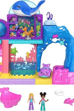 The Polly Pocket Pollyville Aquarium Set With Shani, With Two Dolls, Small Car And 11 Accessories Including 8 Sea Animals, Children's Toy, From 3 Years, HKW15