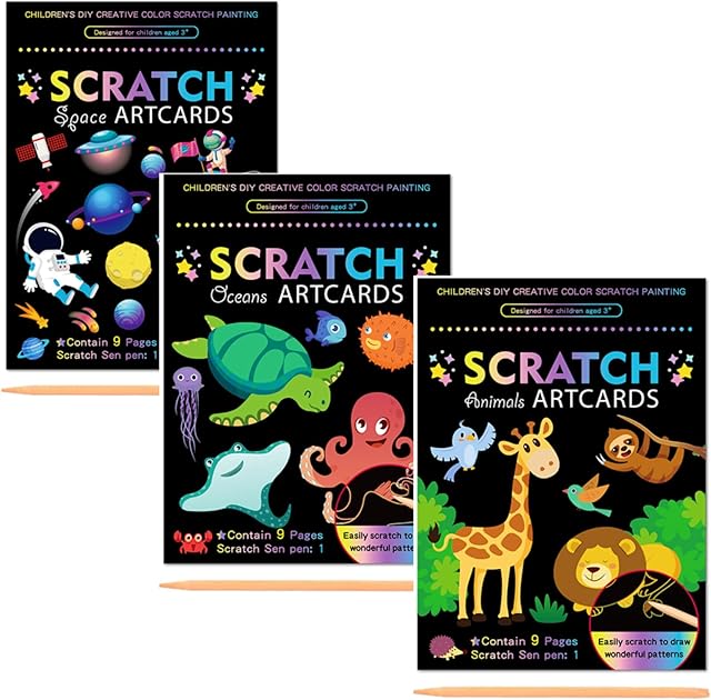 The 3 Set Scratch Paper Art for Kids, Magic Drawing Book for Children, Rainbow Scratch Off Craft Book with Scratch Pen for Birthday Party Games, DIY Projects Kits Craft Gifts Creative Scratch Art Kit
