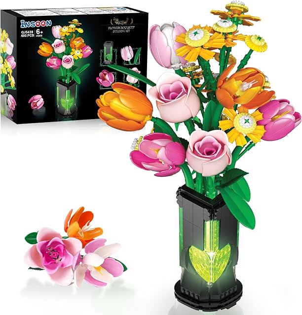 The Flowers Bouquet Building Set with Vase & Light, 695 PCS Botanical Collection Building Toy, Tulip Rose Plant Office Home Decor, Mother's Day Birthday Gift for Adults Women Girls 8+