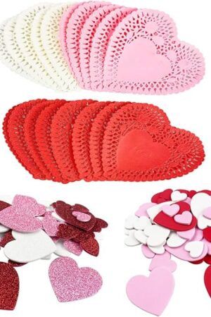 The QINGQIU Valentines Day Crafts Set with 100 Heart Doilies, 4 Bags Foam Heart Stickers for Valentines Day Decor Kids Decoration Gifts Party Supplies