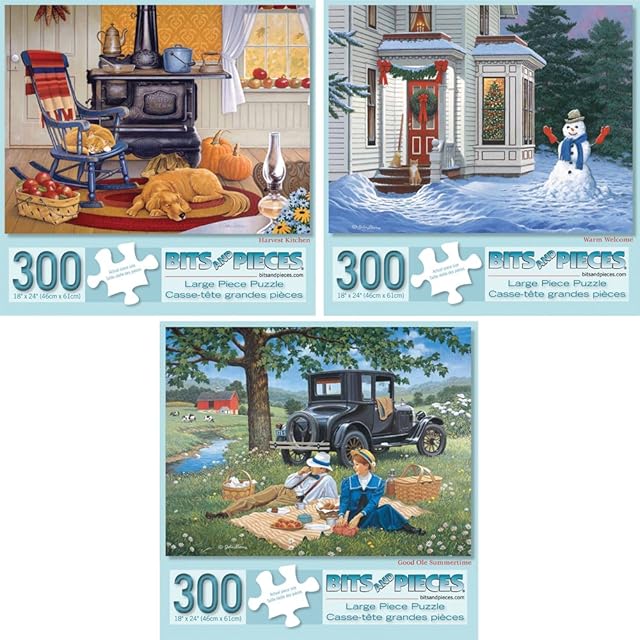 The Bits and Pieces – Value Set of Three Large 300 Piece Jigsaw Puzzles for Adults – Seasons Themed Jigsaw Puzzles Designed by Artist John Sloane, Completed Puzzle Size: 18" x 24"