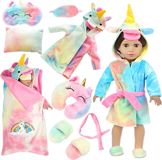 The American 18 inch Doll Clothes and Sleeping Bag Set - Rainbow Unicorn Doll Costume with Unicorn Style Sleeping Bag, Pillow, Eye Mask Slumber Party Accessories