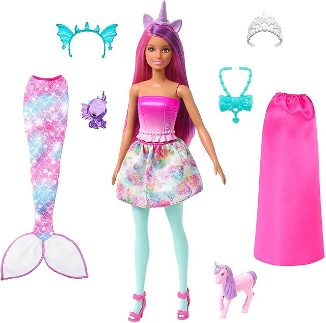 The Barbie Dreamtopia Doll with Clothes & Accessories, Fairytale Dress-Up Set with Mermaid Tail, Baby Unicorn, Dragon Pet & More