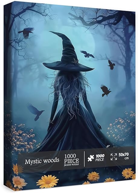 The Halloween Witch Puzzle for Adults 1000 Pieces, Horror Holiday Jigsaw Puzzle, Fall Autumn Flower Bird Moon Aesthetic Forest Magic Women Puzzle