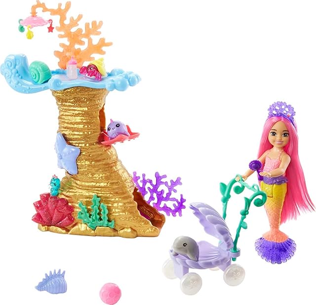 The Barbie Nurturing Playset, Chelsea Mermaid Doll with 4 Pets and Coral Reef Play Area, Stroller and Accessories