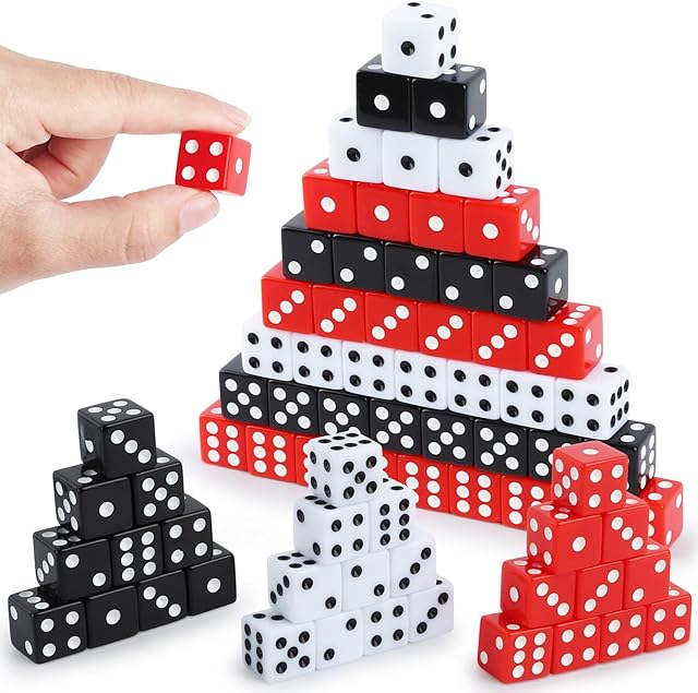 The Hooqict 100 Pieces Casino Dice Set 16mm Standard Game Dice Bulk Acrylic 6 Sided Colored Playing Dice for Casino Vegas Theme Party Board Games (Black, Red, White)