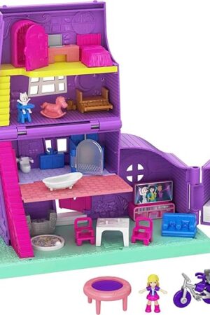The Polly Pocket Doll House with Micro Doll, Toy Bike & Furniture Accessories, Transforming Pollyville Pocket House Playset