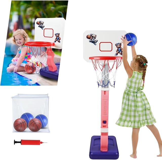 The Toddler Basketball Hoop – Adjustable Indoor/Outdoor Pool Basketball Hoop Set for Kids, 4 Balls, Pump, Storage Base, Basketball Goal, Perfect Sport Gift for Boys & Girls, Birthday & Christmas