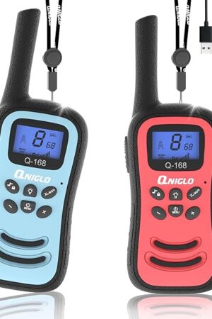 The QNIGLO Kids Walkie Talkie, VOX Rechargeable Kids Walkie Talkie, 3KM Working Distance, 48H Standby, 8 Channels, Flashlight Function, Gift for 3-12 Year Old Girls & Boys (2-Pack)