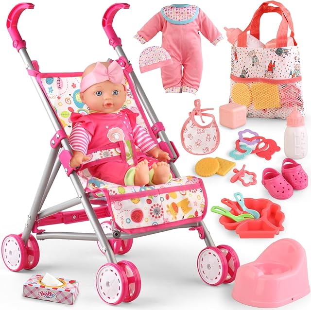 The Baby Doll with Stroller Set with 12.5" Baby Dolls, Handbag, 2 Sets Doll Clothes and 16 PCS Doll Accessories. Baby Stroller Toys for Toddler Girls Kids Ages 3-5 4-6 for Pretend Play.
