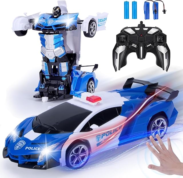 The Wrystte Remote Control Police Car,Gesture Sensing Transform Robot 2.4G RC Cars Toys for Ages 4-12,Boy Toys with Light Music,One Button Deformation,360 Rotating Drift, Xmas Birthday Gift for Boys Girls