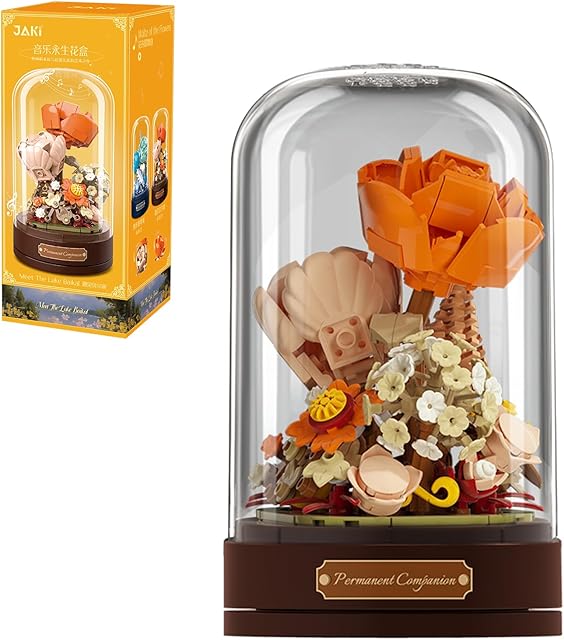 The Building Blocks Flowers Bouquet Set with Music Box and Dust-Proof Dome,Simulation Artificial Particle Flower Collection Construction Building Bricks Toy,Home Decor (Yellow)