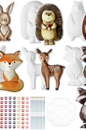 The Realspring 12 Set Woodland DIY Painting Kit Ceramic to Paint Your Own Angel Statues Unpainted Plaster Figurines Brushes Acrylic Paints Crafts Kits Party Favor Gifts for Kids Adults