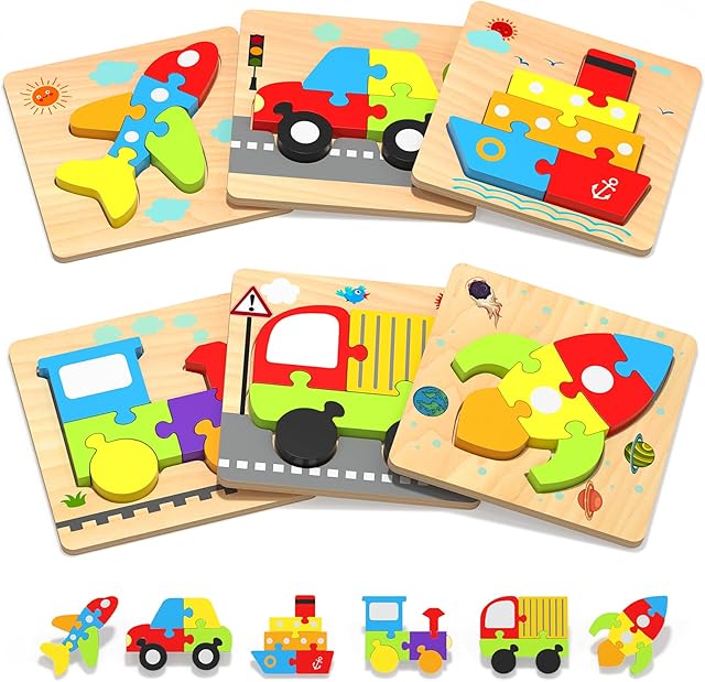 The Yetonamr Wooden Toddler Puzzles Gifts Toys for 1 2 3 Years Old Boys Girls, 6 Vehicle Shape Montessori Toys Educational Blocks Kids Gift Baby Learning Toy Age 1-3, 2-4