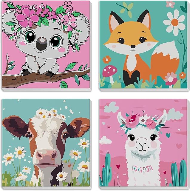 The MXJSUA 4 Pack Framed Cute Animals Paint by Numbers for Kids Ages 6-12, Koala Fox Llama Cow Paint by Number Kits for Children Beginner, Acrylic Oil Painting for Home Wall Decor (8x8inch)