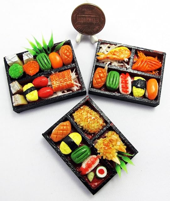 The Set 3 Handmade Miniature Sushi Bento – 1:6 Scale Realistic Clay Japanese Food for Dollhouses, Doll Accessories, DIY Crafts & Collectible Miniature Kitchen Decor