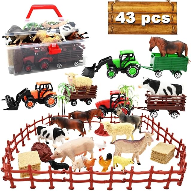The 3 Pack Farm Toy Tractor with 40pcs Plastic Animals Figurines and Fence Playset, Farm Figures Farmer Vehicle Toy Truck with Trailer for 3-12 Years Old Kids Boys Girls Toddlers