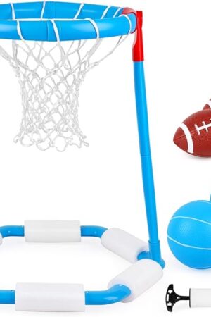 The Pool Basketball Hoop Toys Game Floating Pool Toys Floating Basketball Hoop Swimming Pool Games with 2 Basketball 2 Football & 1 Pump for Kids Adults Indoor Outdoor Play Game Supplies
