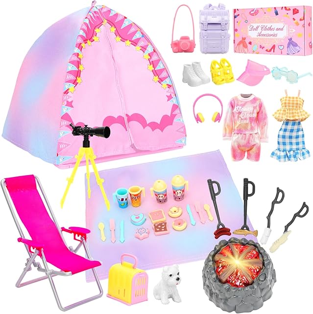 The BARWA 35 Pcs Travel Camping Tent Set Include Doll Tent Casual Dress, Outfits, Campfire with Light, Telescope, Backpack, Placemat, Chair, Toy Dog Camping Playset for 11.5 Inch Girl Dolls for Kid