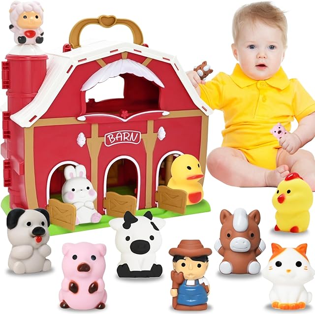 The WODMAZ Farm Animals Big Red Barn Toys for 1 2 3 Years Old Boys Girls, Preschool Montessori Learning Toy, Pretend Farm Barn Playset with Finger Puppets, Christmas Birthday Easter Gift for Toddlers
