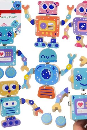 The Robots Wooden Snap-Together Building Toys – 28-Piece STEM Montessori Educational Blocks for Toddlers Ages 3–6 | Fine Motor Skills Development | Safe, Durable, Creative Robot Toys Gift for Kids