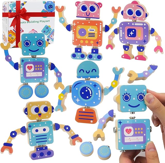 The Robots Wooden Snap-Together Building Toys – 28-Piece STEM Montessori Educational Blocks for Toddlers Ages 3–6 | Fine Motor Skills Development | Safe, Durable, Creative Robot Toys Gift for Kids
