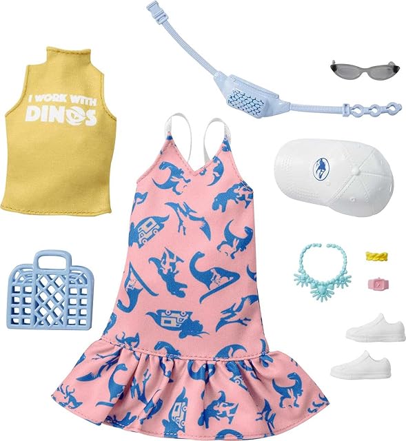The Barbie Clothing & Accessories Inspired by Jurassic World 10 Storytelling Pieces Dolls: Sleeveless Top & Sundress Tote, Hat, Fanny Pack, Sunglasses & More, Gift for 3 to 8 Year Olds