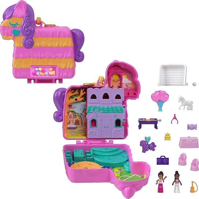 The Polly Pocket Compact Playset, Pinata Party with 2 Micro Dolls & Accessories, Travel Toys with Surprise Reveals