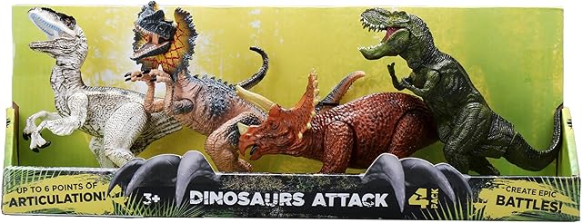 The Kid Galaxy: Dinosaur Attack Figures 4pk - T Rex, Dilophosaurus, Velociraptor, Triceratops - 7" Articulated Dino Set, Realistic Toys, Kids Ages 3+