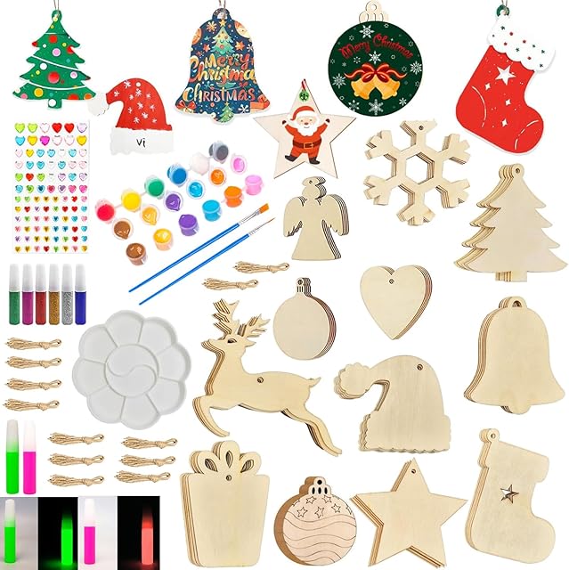 The Christmas Wooden Ornaments Painting Craft Kit,Paint Your Own Xmas, Unfinished Wood Slices Christmas Crafts for Kids Adults Lover, Art and Craft Christmas Tree Hanging Decorations (12 Models-60 Items)