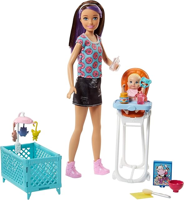 The Barbie Babysitting Playset with Skipper Friend Doll, Color-Change Baby Doll, High Chair, Crib and Themed Accessories for 3 to 7 Year Olds