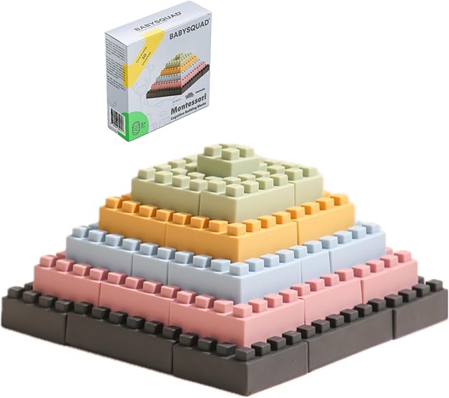 The BabySquad Montessori Cognitive Building Blocks For Toddlers 3-5, 5 Colors Building Bricks With 20 Food Grade Silicone Stacking Blocks, Baby Blocks For Teething, Building Toys For Toddler Birthday Gift