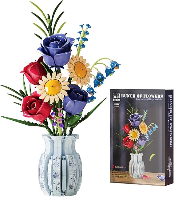 The Roses Flower Bouquet Building Set,787 Pcs Artificial Flower Kit with Vase,Plant Bonsai Tree Building Blocks,Valentine's Birthday Botanical Collection Gift for Women Girls Adults Friends Age 6+