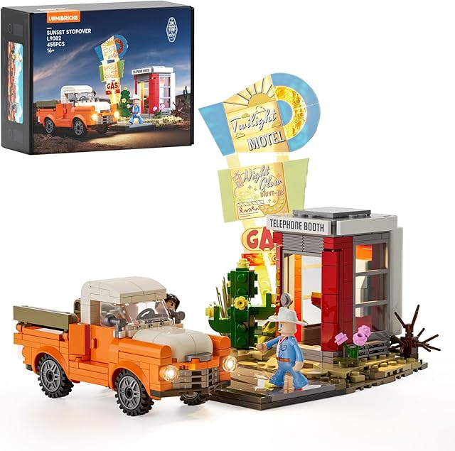 The City Sunset-Stopover Lighting-Building-Bricks Set - Road Trip Car Station Modular Collection LED Light Building Set 455 Pcs for Adults, Teen and Travelling Enthusiasts