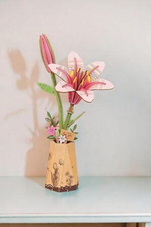 The ROBOTIME 3D Wooden Lily Flower Puzzle TW071 - DIY Assembly Model Kit, Artificial Wood Flowers for Home Decoration, Relaxing Crafts for Adults, Valentine's Gift